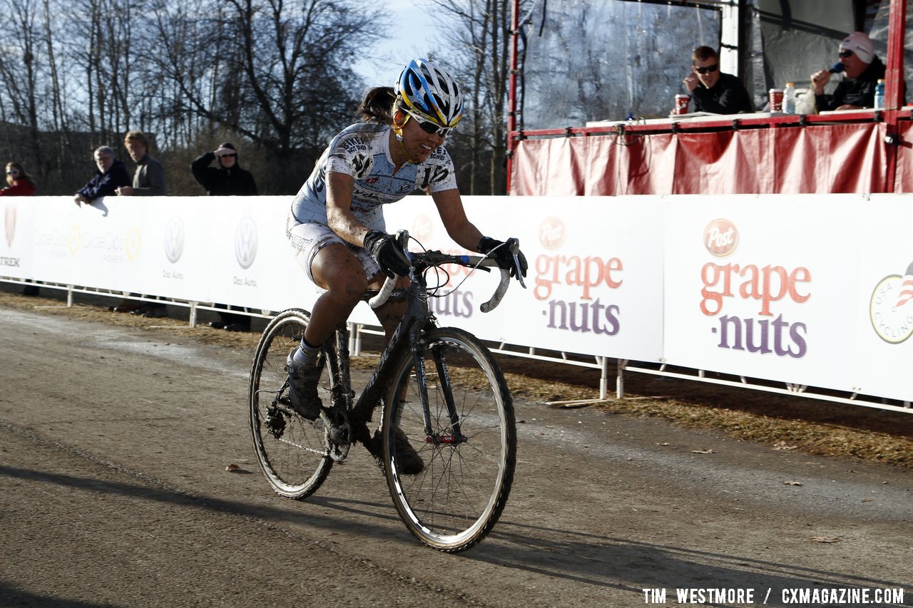 Sone pushing to keep her gap over Flynn. 2012 Cyclocross National Championships, Masters Women 40-44. © Tim Westmore